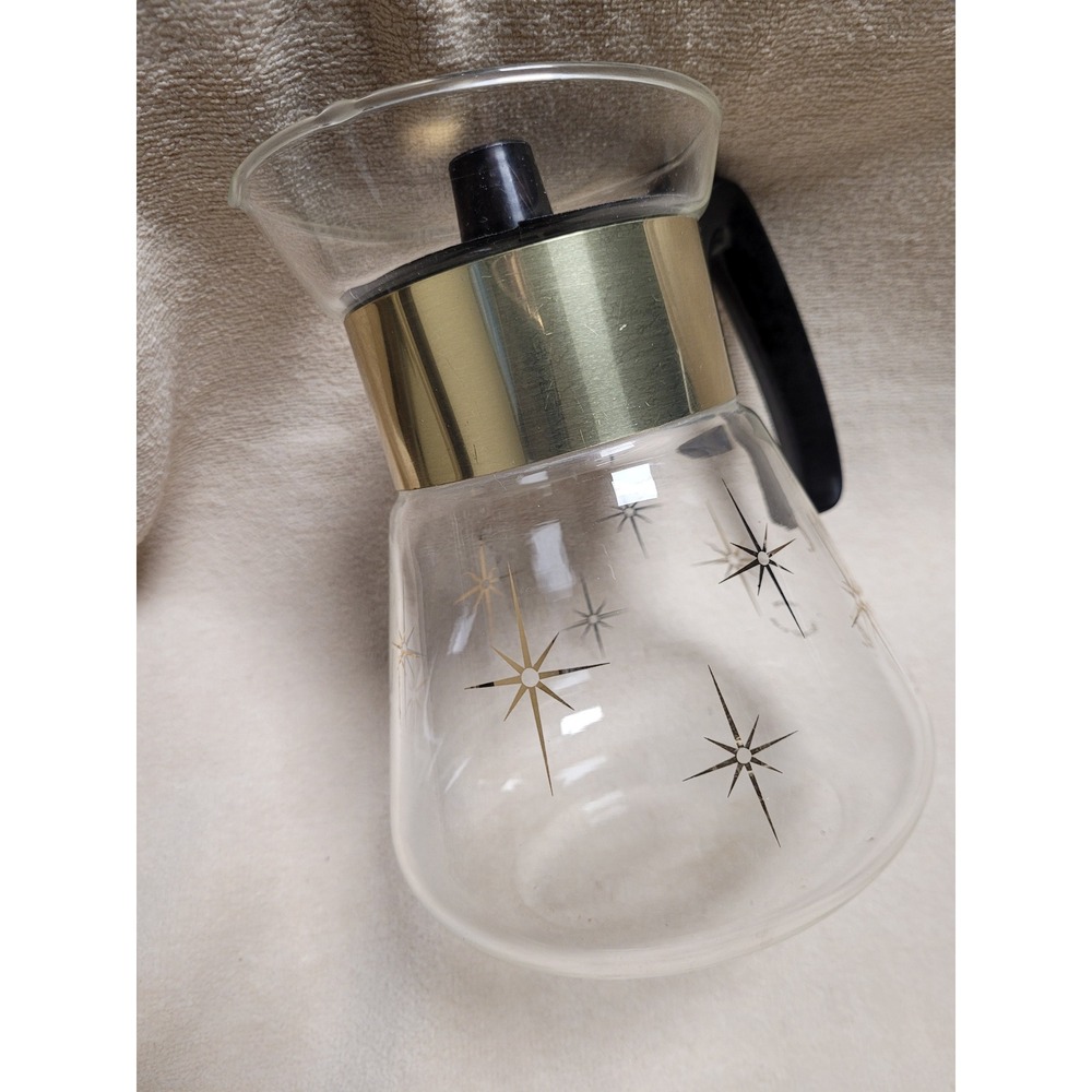 Vintage Corning Glass Coffee Carafe Starburst Atomic Gold Black MCM 4 Cup Lid